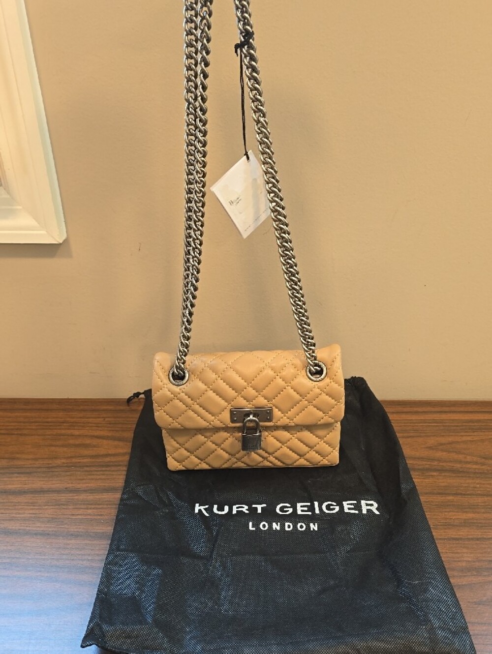 Kurt Geiger Quilted Camel Crossbody Bag with Silver Chain - Picture 6 of 12